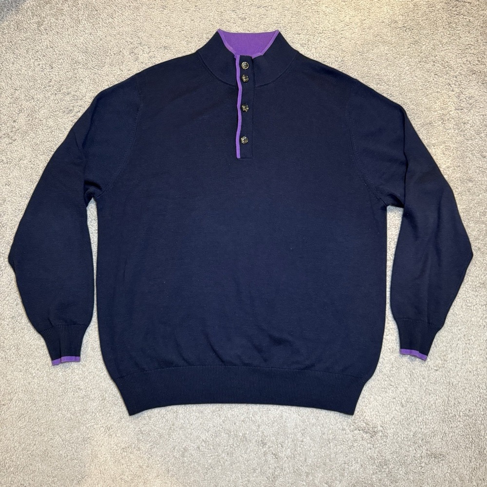 Peter Millar Medium‎ Silk Blend Navy/Purple 4 Button Mock Neck Pullover Sweater